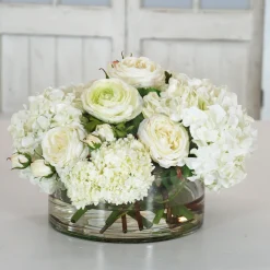 Hydrangea & Snowball in Clear Vase 15" Wide