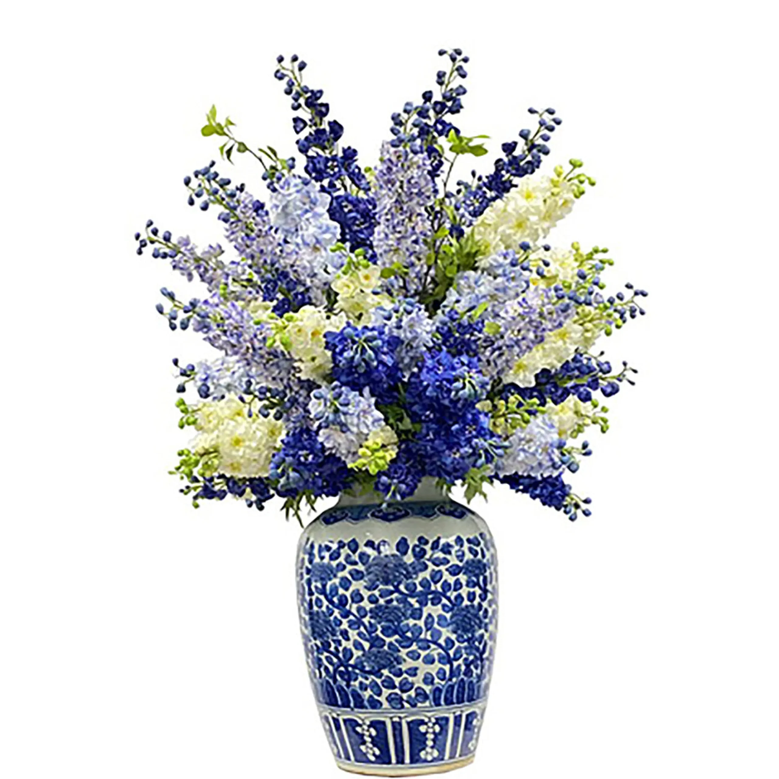 MIXED DELPHINIUM IN CERAMIC VASE 50"