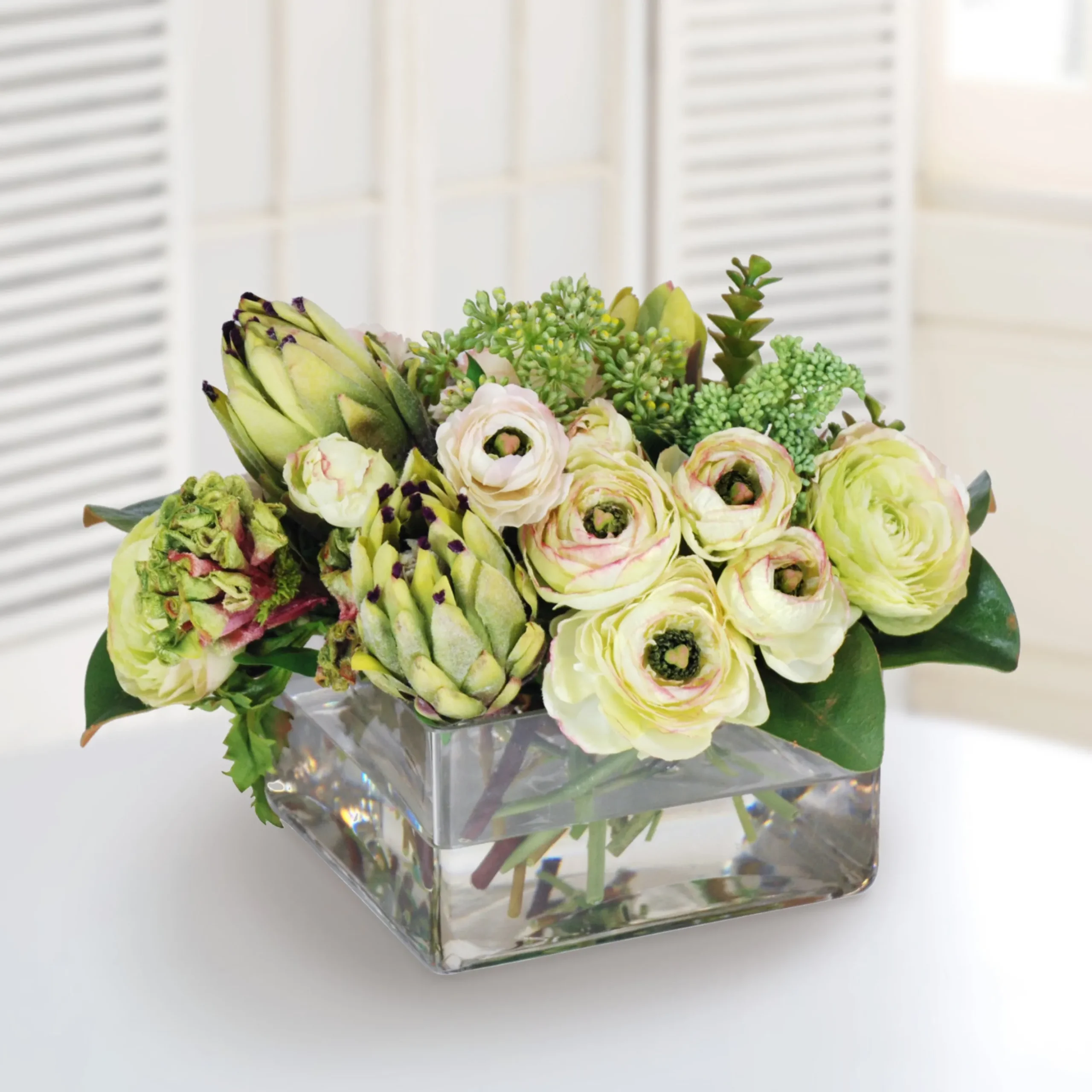 Protea and Ranunculus in Clear Vase 15"